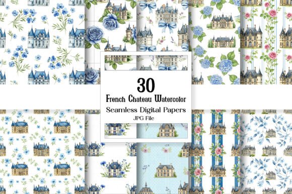 Timeless Elegance: French Chateau Watercolor Digital Paper